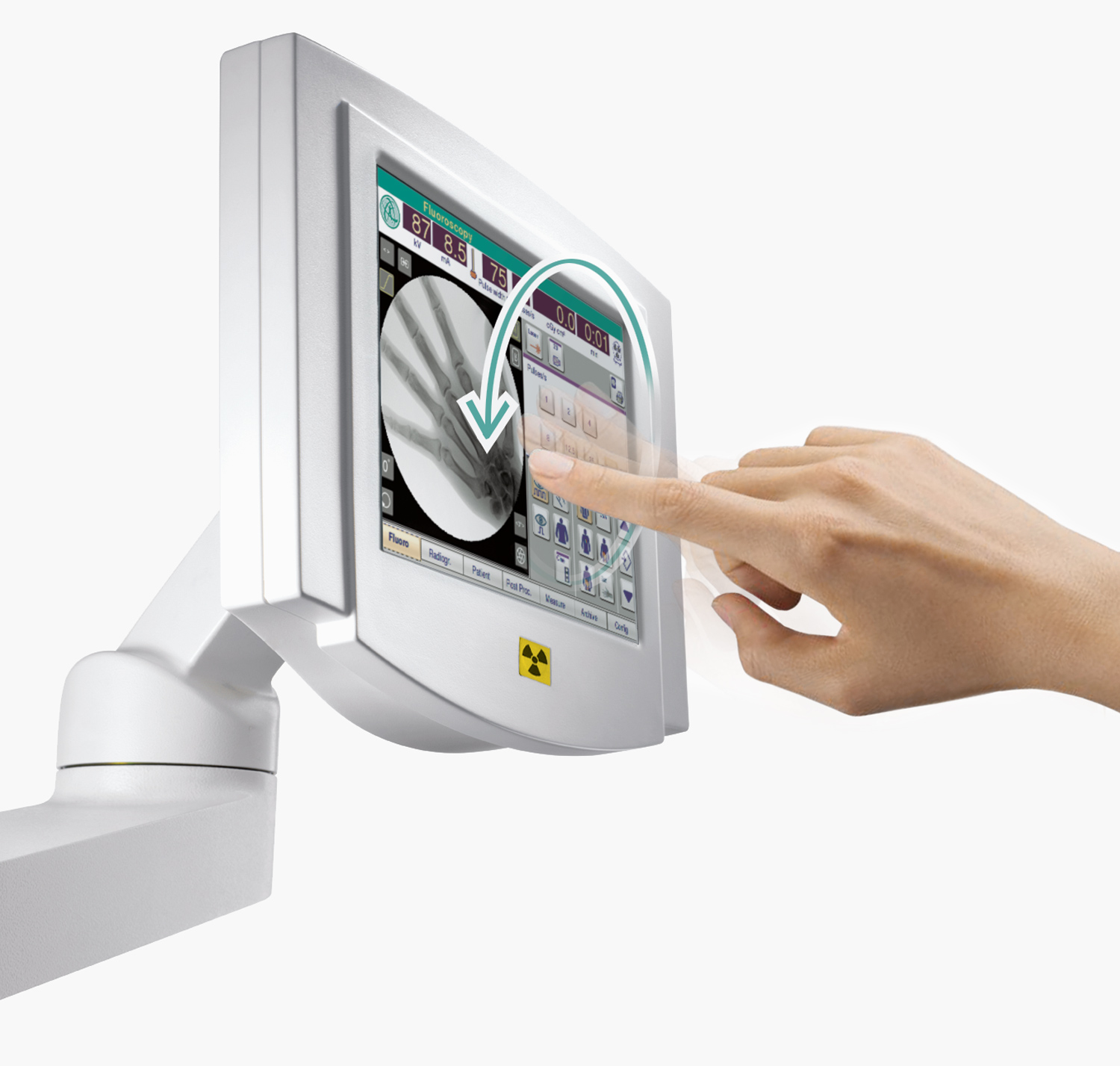 Finger swiping on Ziehm mobile c-arm touchscreen interface.